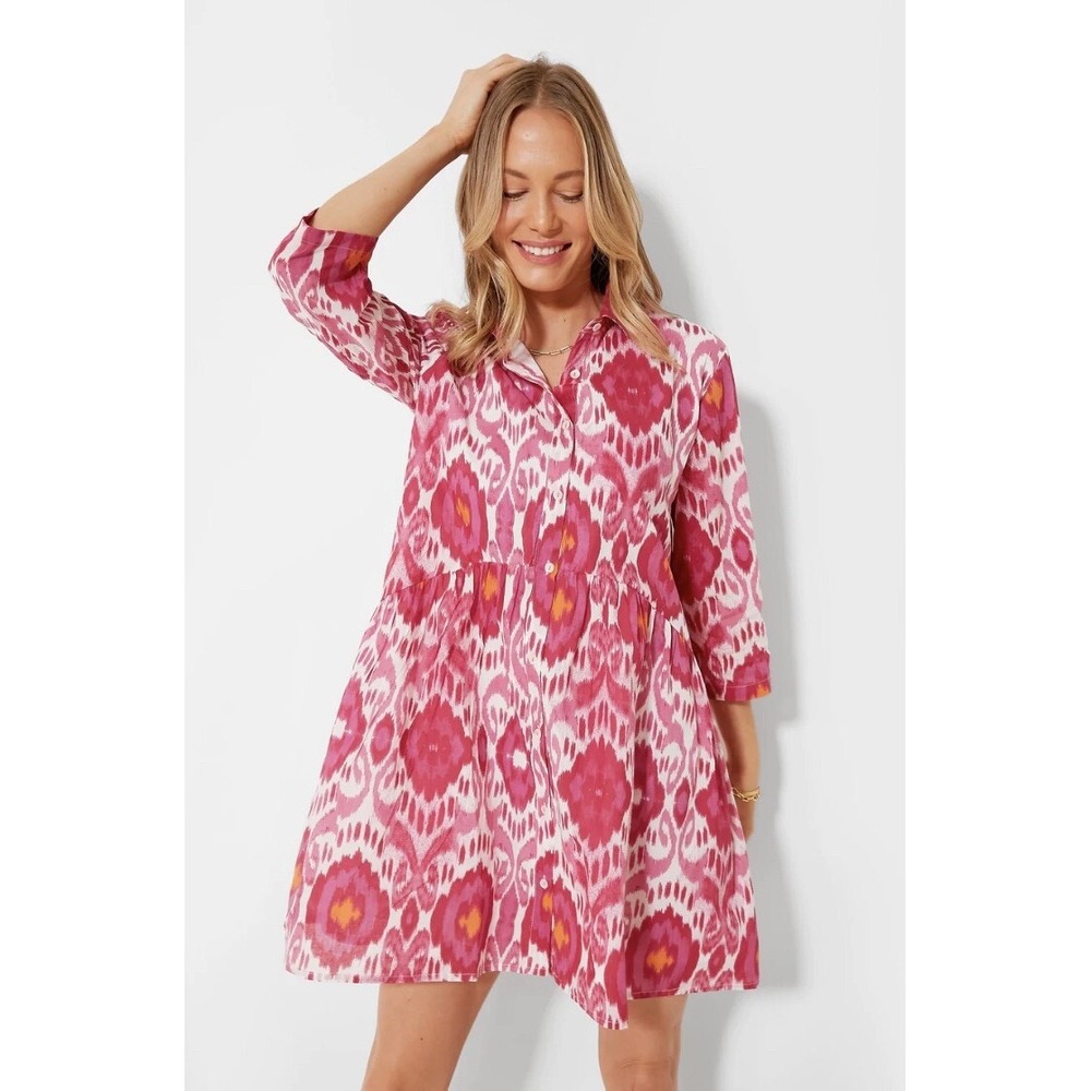 Ro's Garden Magenta June Deauville Pink Ikat Print Cotton Dress 3/4 Sleeve XS